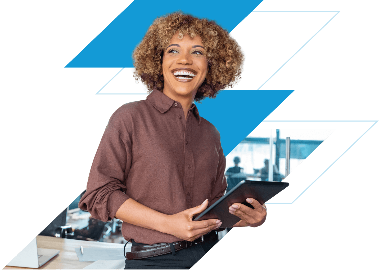 business woman smiling with tablet